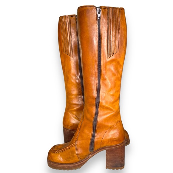 Vintage PLATFORM BOOTS Tan Leather Braided 1970s Campus Boots Size 8 - Picture 4 of 10
